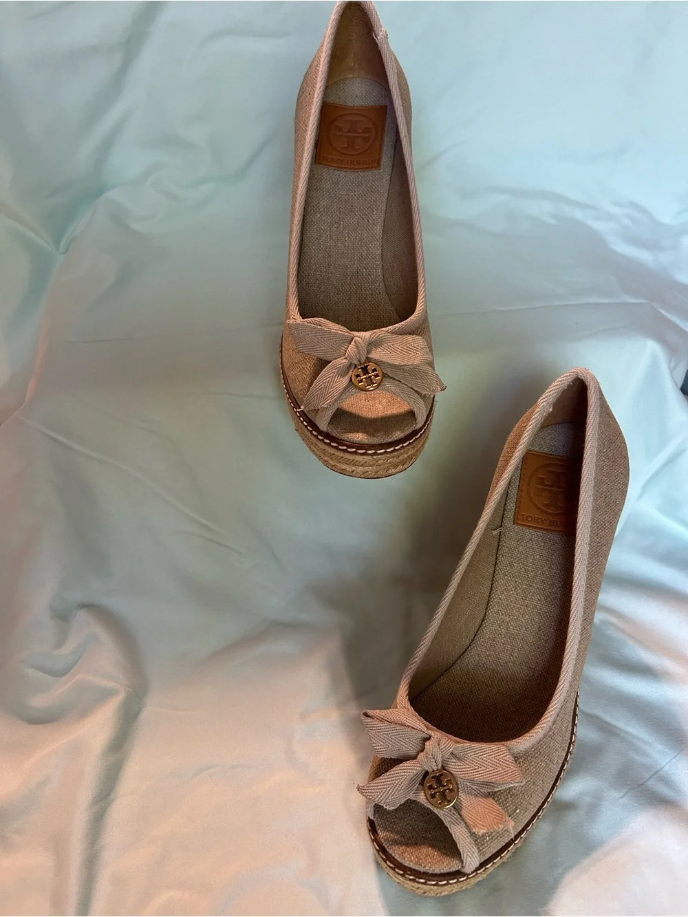Beige Peep-Toe Wedge Tory Burch Pumps with Bow